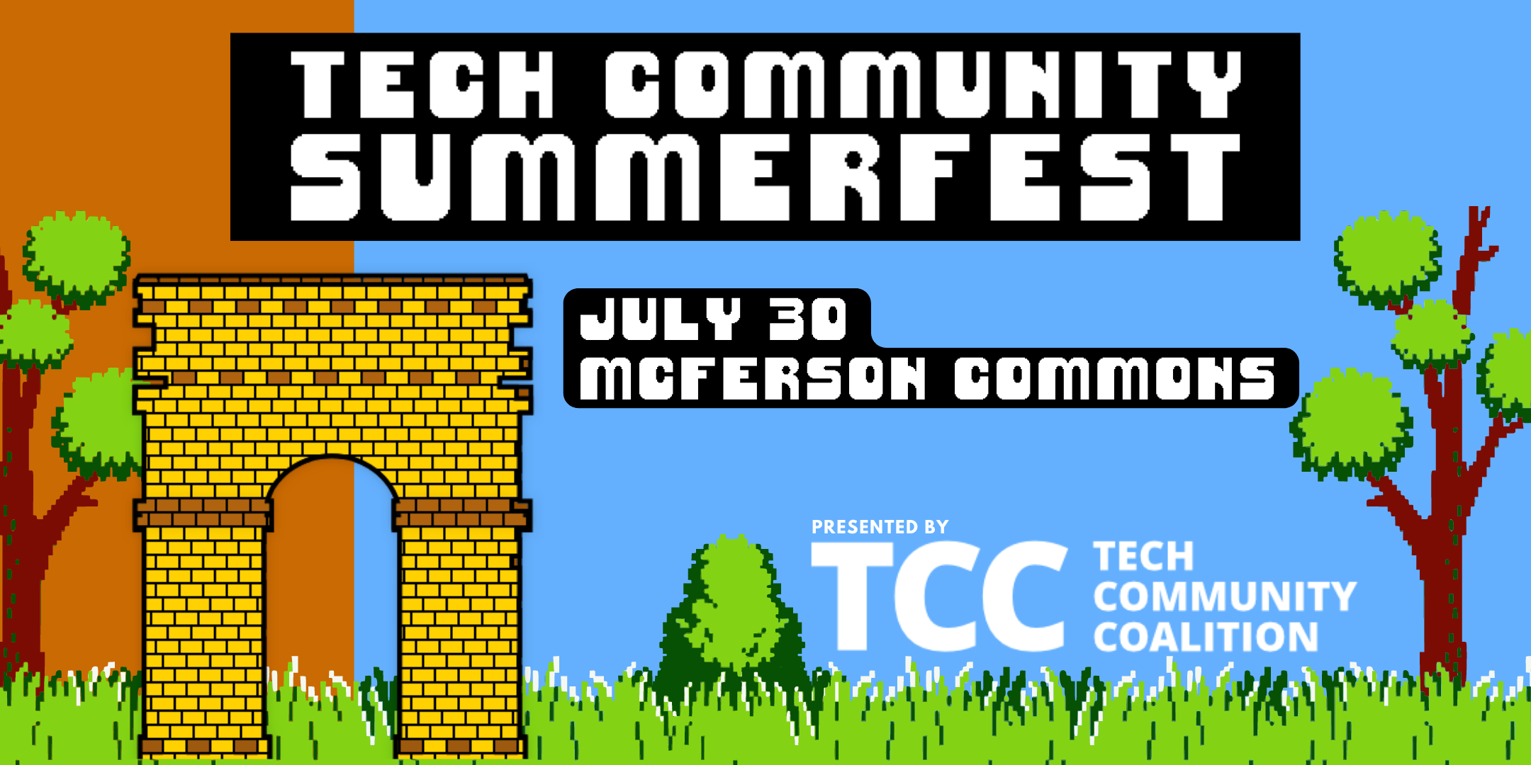 TCC-Summerfest-card 8-bit style illustration of the Union Station Arch at McFerson Commons on a landscape of trees, and grass in front of a blue sky